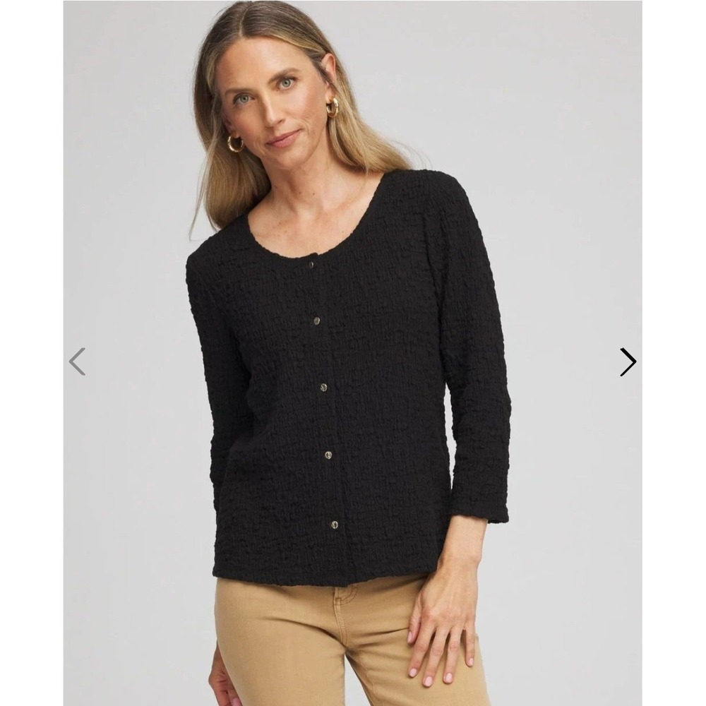 Chicos Black Textured Crinkle Button Front Cardigan Top Size 4 XXL 570394061